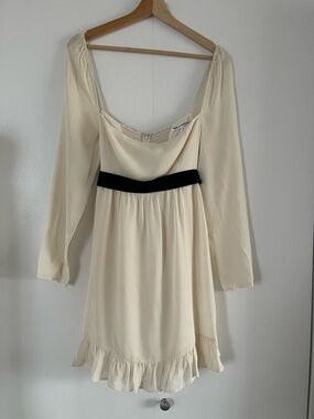 Reformation Cream Long Sleeve Mini Dress with Black Velvet waist tie